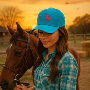 Morena usando boné truker Azul ilove cavalo