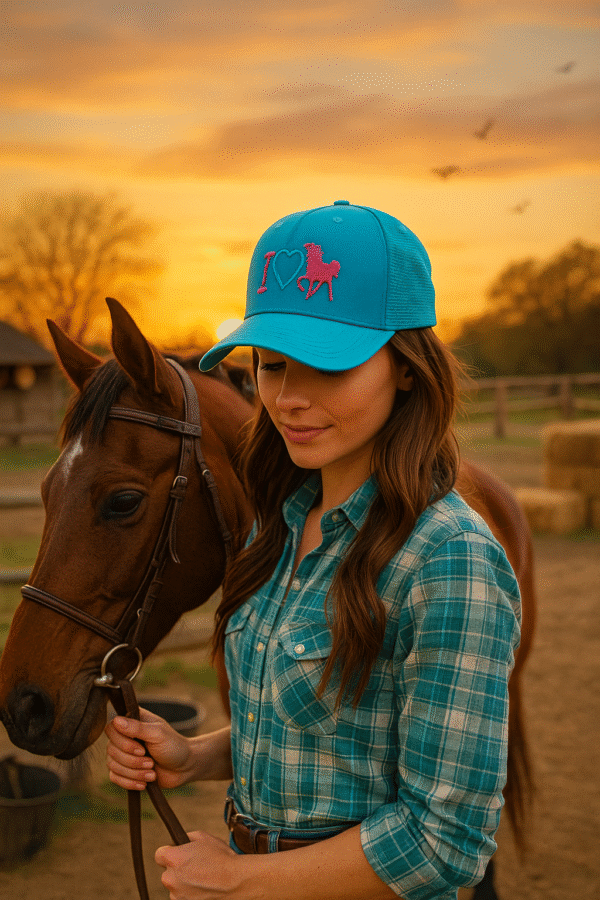 Morena usando boné truker Azul ilove cavalo