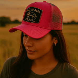 made in agro mulher usando rosa