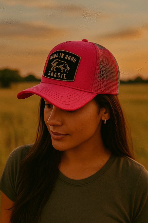 made in agro mulher usando rosa