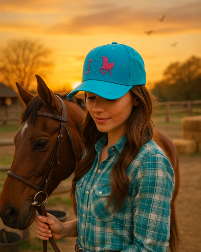 Morena usando boné truker Azul ilove cavalo