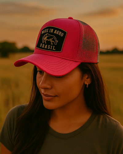 made in agro mulher usando rosa